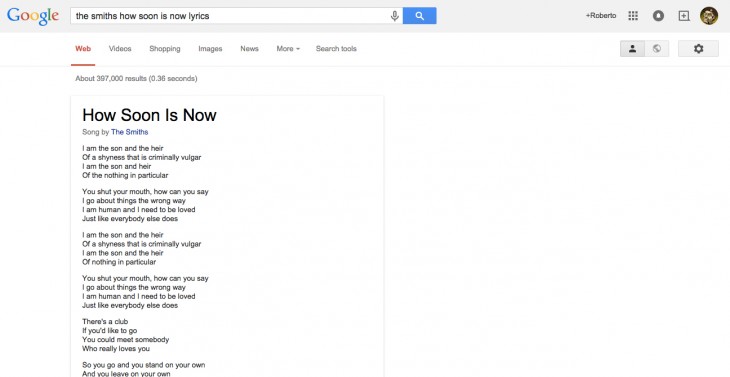 Google now displays song lyrics in search results